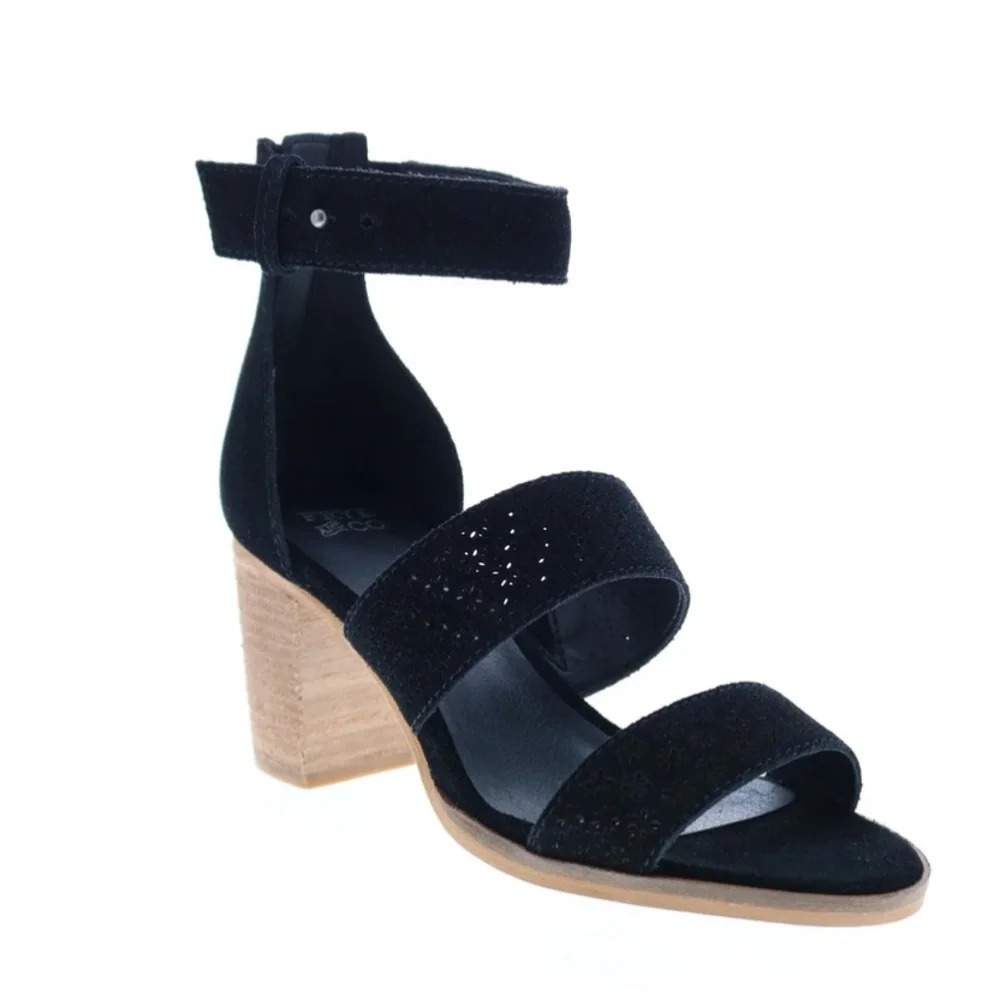 Frye & Co. Bryn Perf Sandal 71465 Womens Black Leather Strap Heels, size 8.5